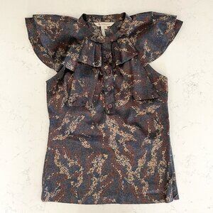 BCBGeneration Cap Sleeve Mandarin Collar Polyester Print Top Navy Cream Sz 4
